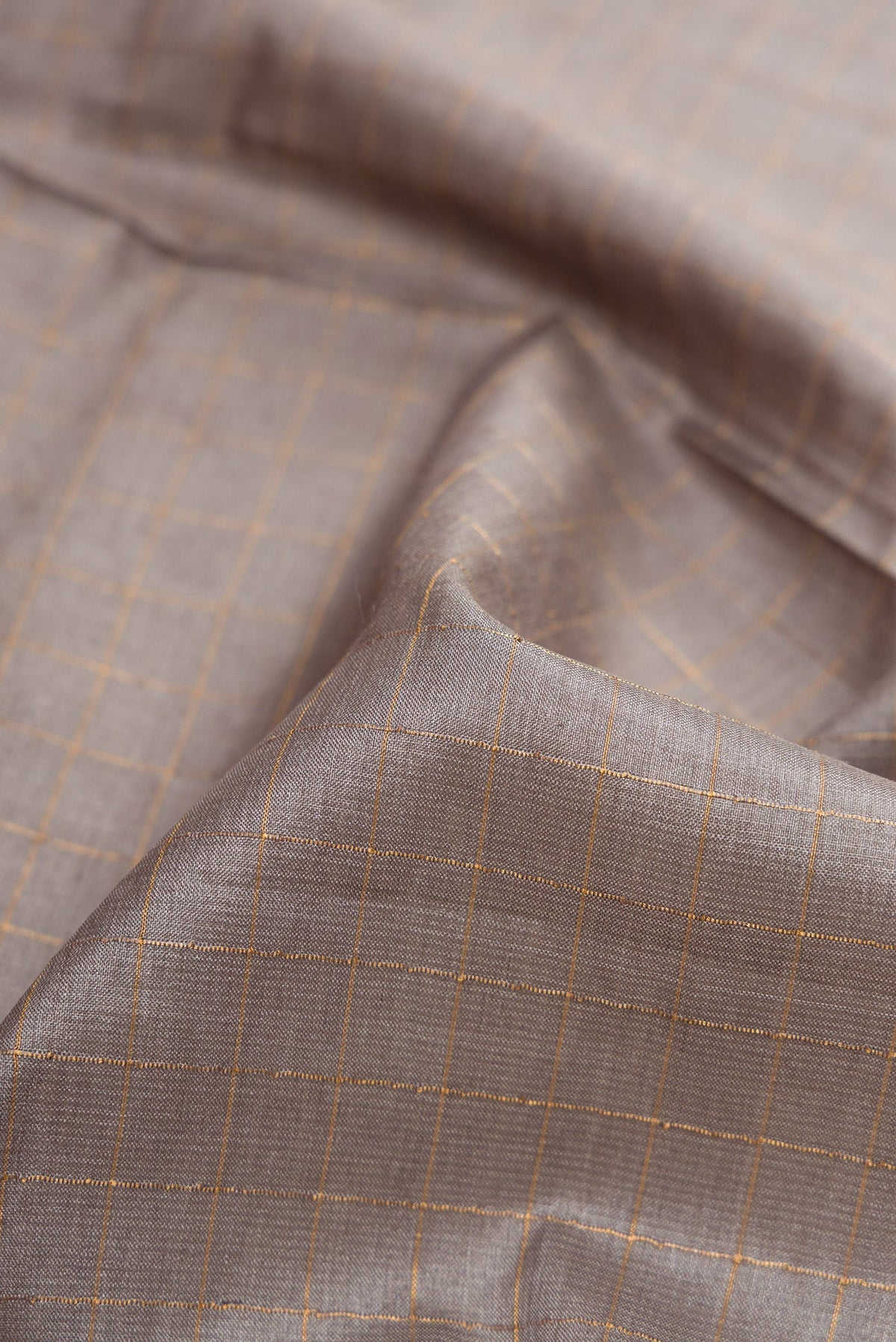 Close up of Grey Dual Tone Tussar Silk Saree with Checked design on the body and Printed Border.  displaying folds