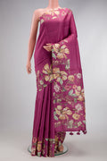 Pink Dual Tone Tussar Silk Saree with Stripes on the body and Printed Border.  displayed on a mannequin