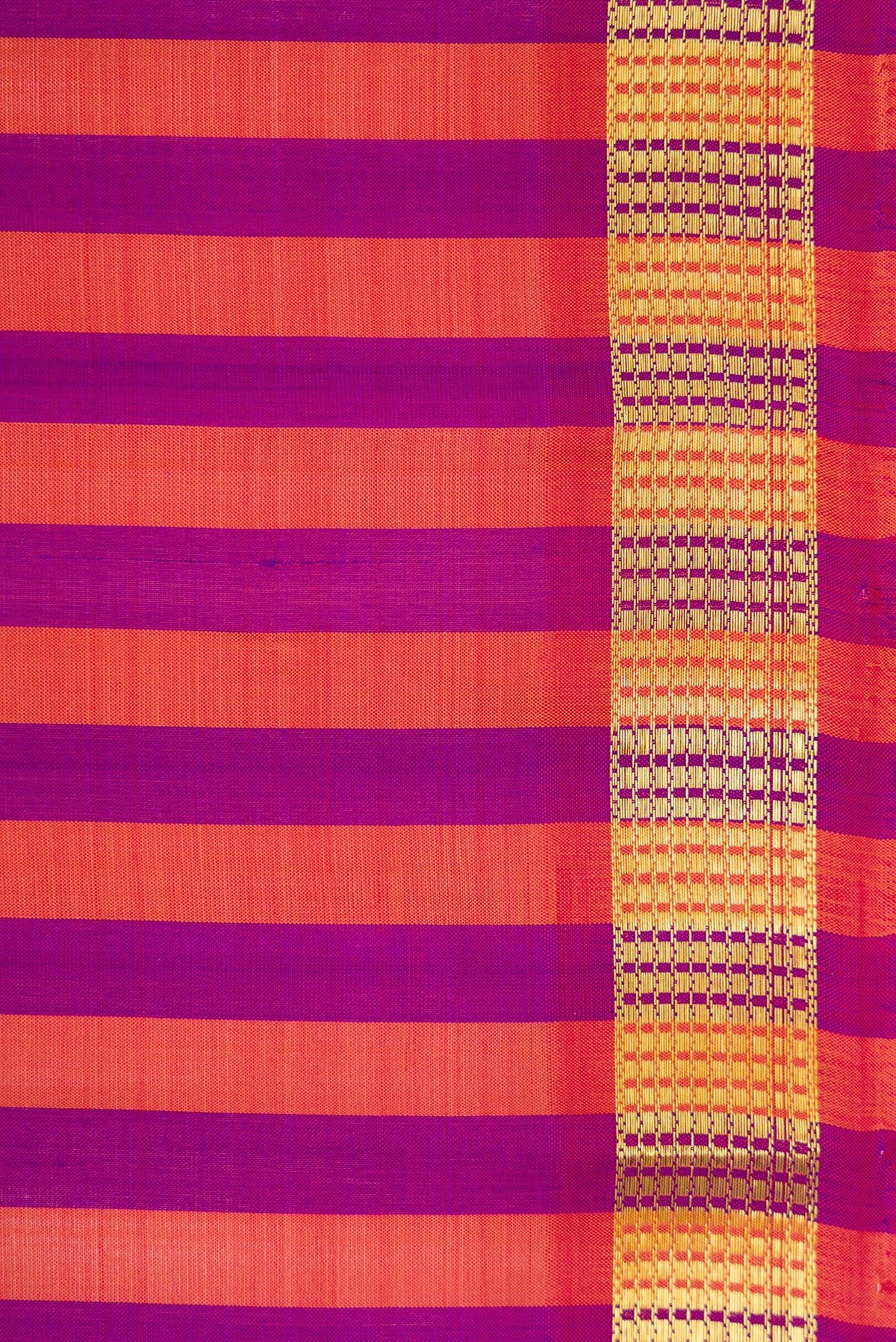 Border image of Purple and Brick Orange Color Kanchipuram Silk Saree with Stripes on the body and Zari Border. 
