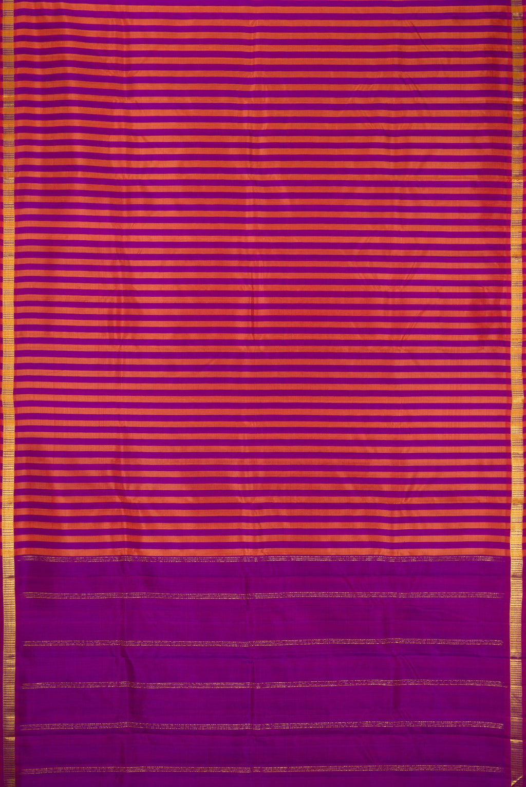 Flat view of Purple and Brick Orange Color Kanchipuram Silk Saree with Stripes on the body and Zari Border. 