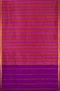 Purple and Brick Orange Color Kanchipuram Silk Saree with Stripes on the body and Zari Border.  displayed on a mannequin