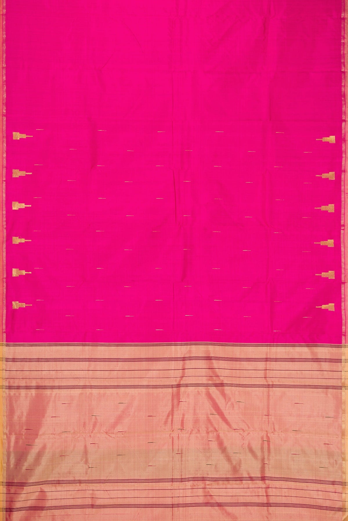 Pink Dual Tone Kanchipuram Silk Saree with Plain Body and Zari Border.  displayed on a mannequin