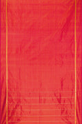 Coral Dual Tone Kanchipuram Silk Saree with Plain Body and Zari Border.  displayed on a mannequin