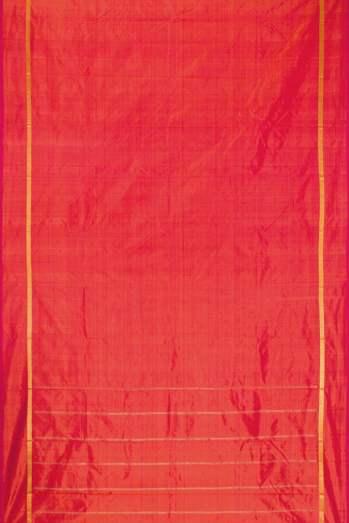 Coral Dual Tone Kanchipuram Silk Saree with Plain Body and Zari Border.  displayed on a mannequin