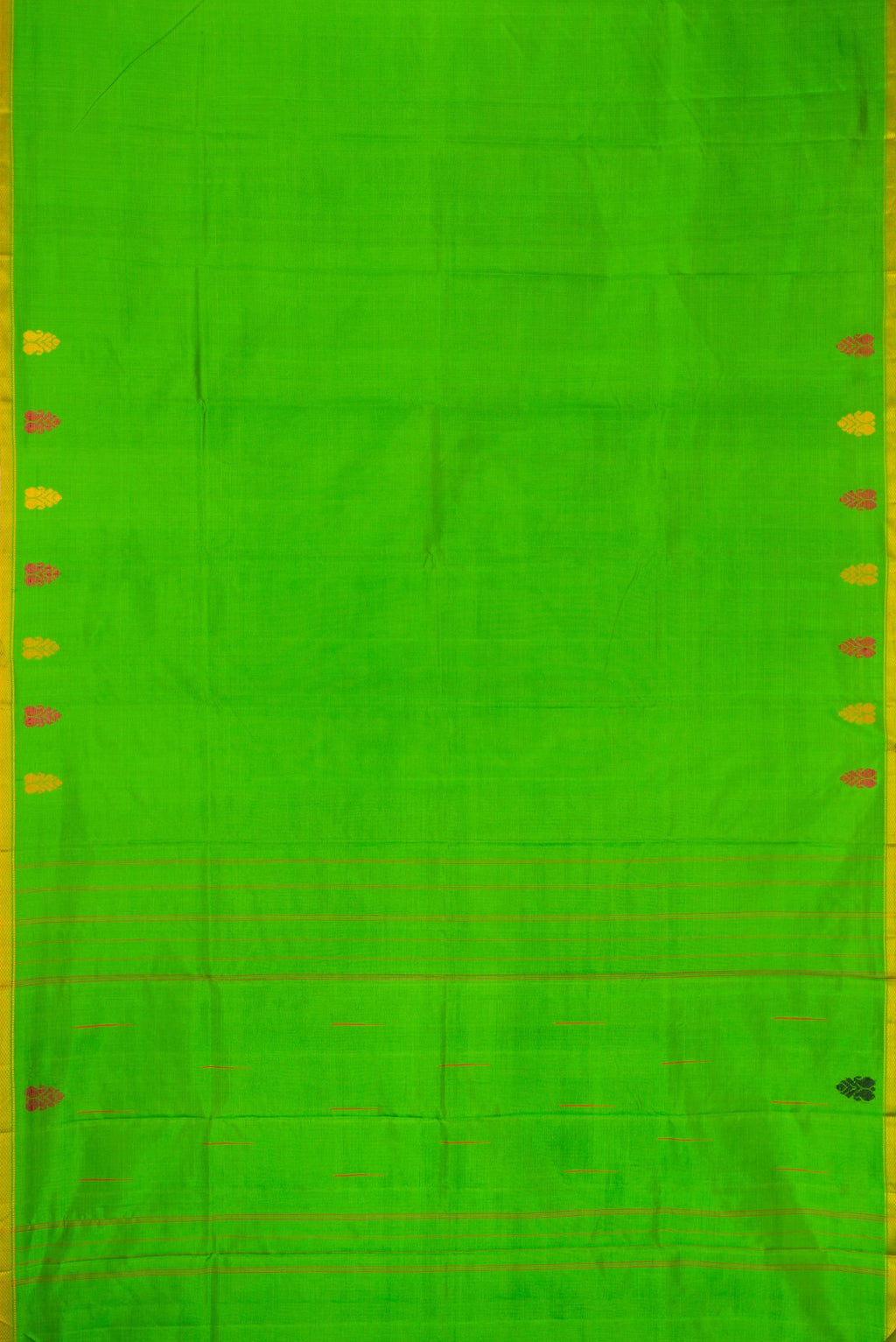 Green Dual Tone Kanchipuram Silk Saree with Plain Body and Thread Border.  displayed on a mannequin