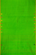 Green Dual Tone Kanchipuram Silk Saree with Plain Body and Thread Border.  displayed on a mannequin
