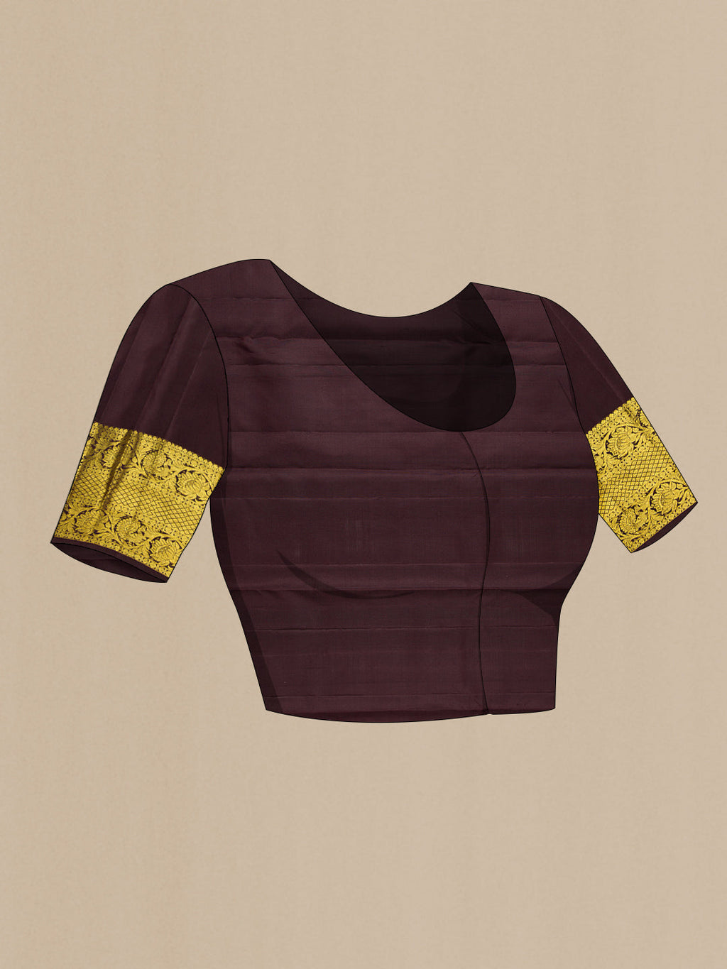 Close up image of the blouse of Gold Dual Tone Kanjivaram Silk Saree with Zari Butta on the body and Zari Border. 