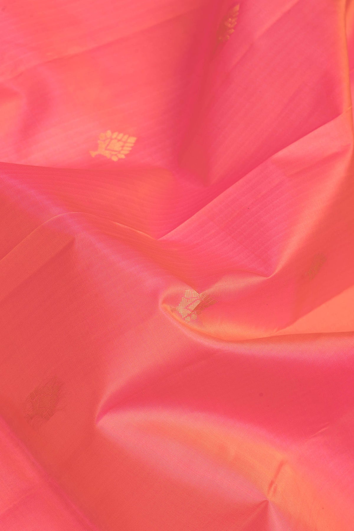 Close up of Coral Dual Tone Soft Silk Saree with Zari Butta on the body and Fancy Border.  displaying folds