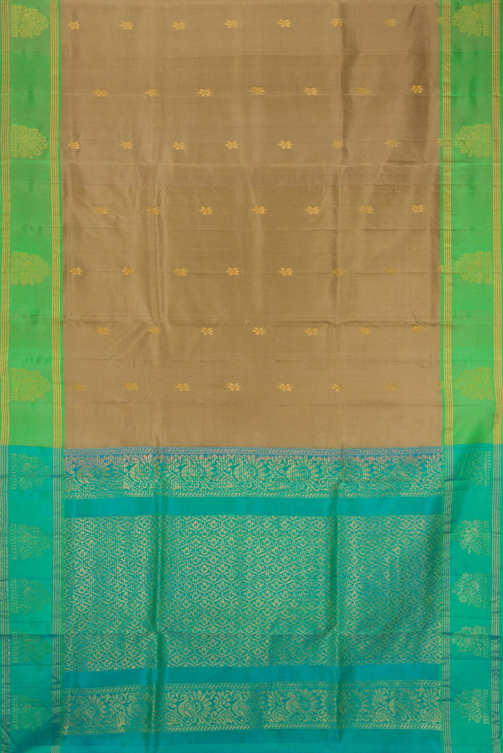 Flat view of Dark Beige Soft Silk Saree with Zari Butta on the body and Zari Border. 