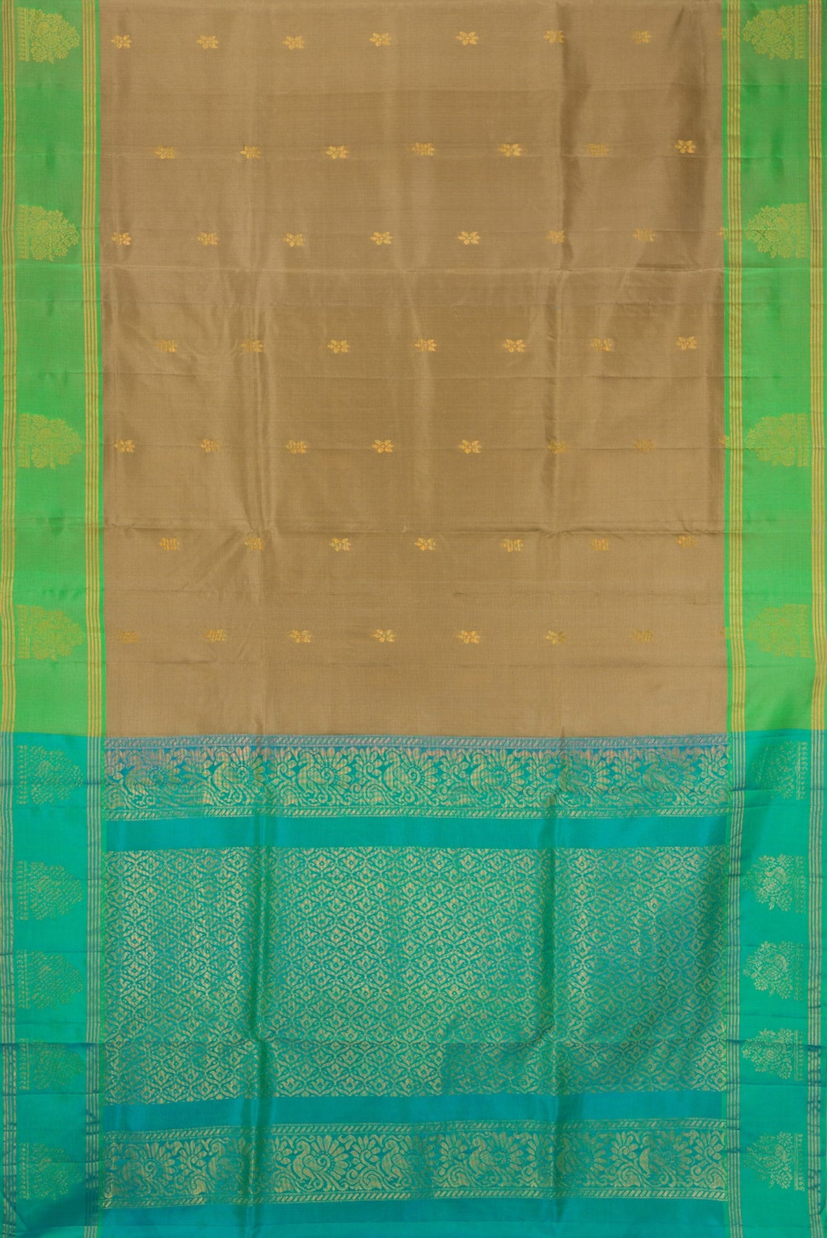 Dark Beige Soft Silk Saree with Zari Butta on the body and Zari Border.  displayed on a mannequin