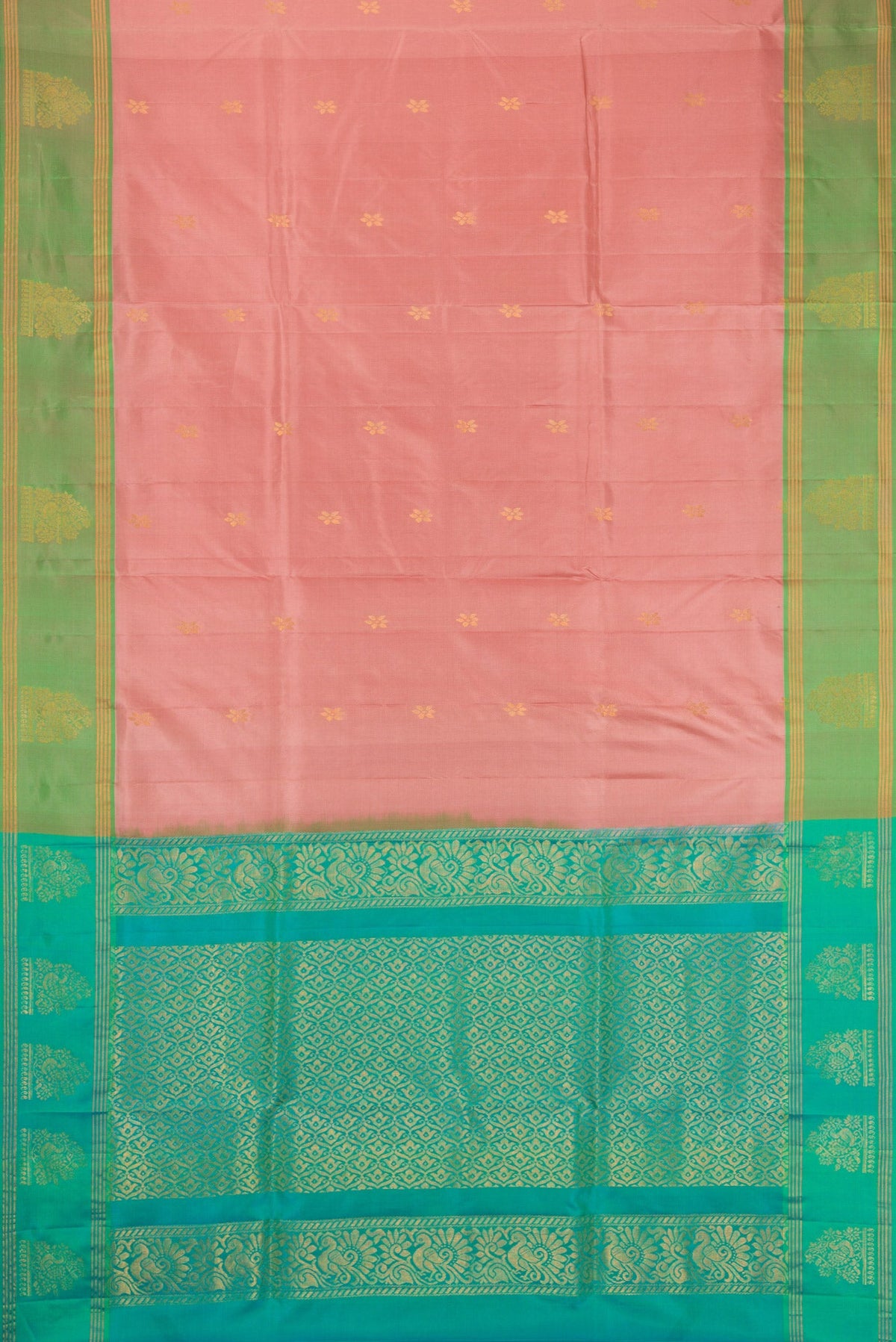 Flat view of Rose Gold Soft Silk Saree with Zari Butta on the body and Fancy Border. 