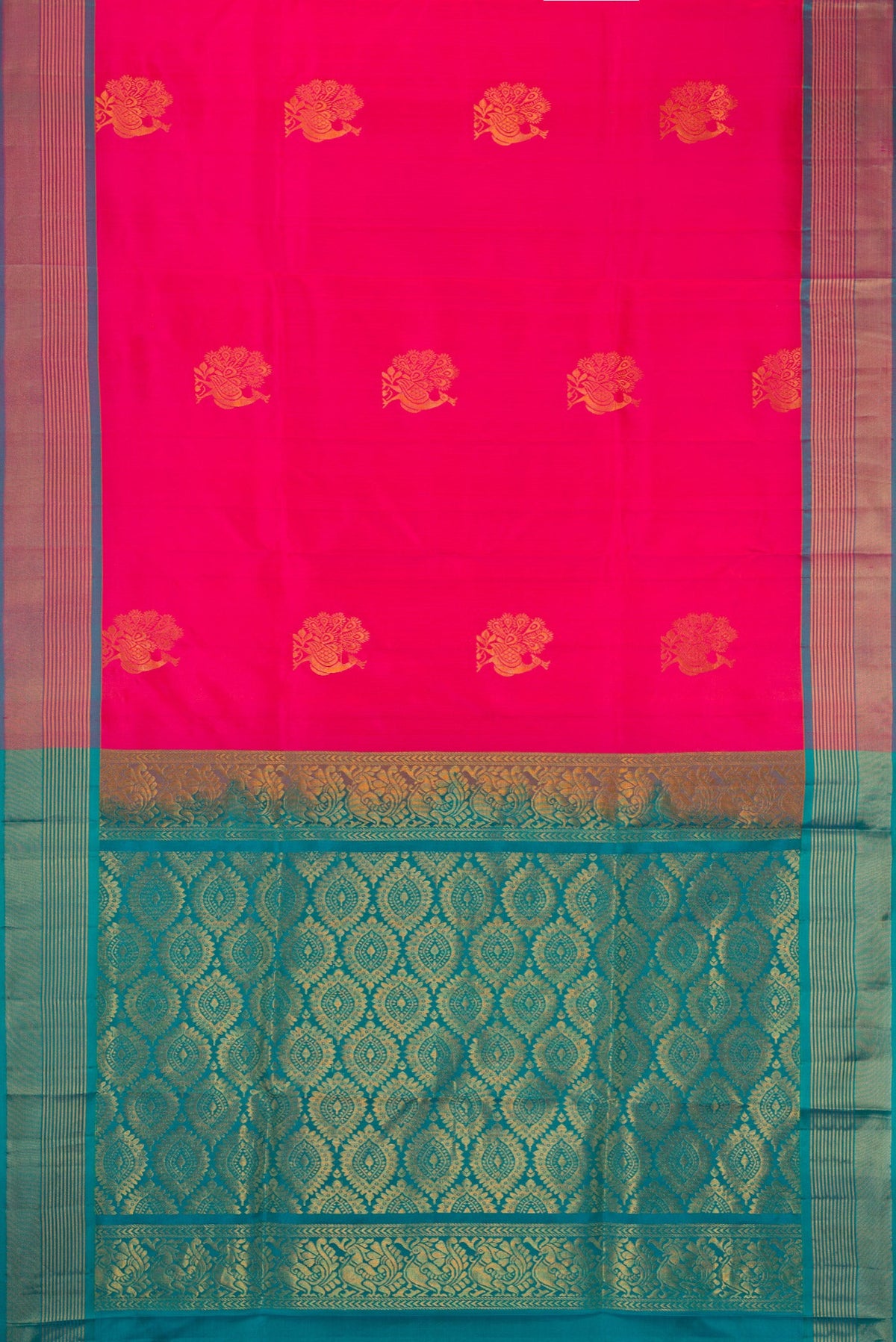 Flat view of Pink Soft Silk Saree with Zari Butta on the body and Zari Border. 