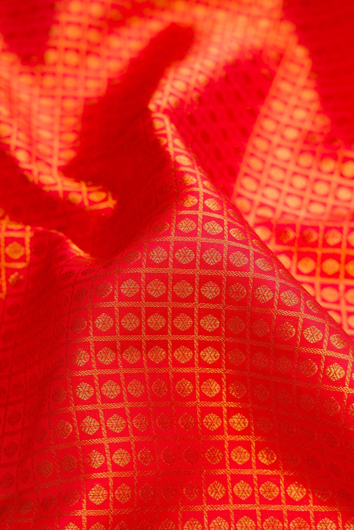 Close up of Red Dual Tone Kanchipuram Silk Saree with Zari Brocade on the body and Zari Border.  displaying folds