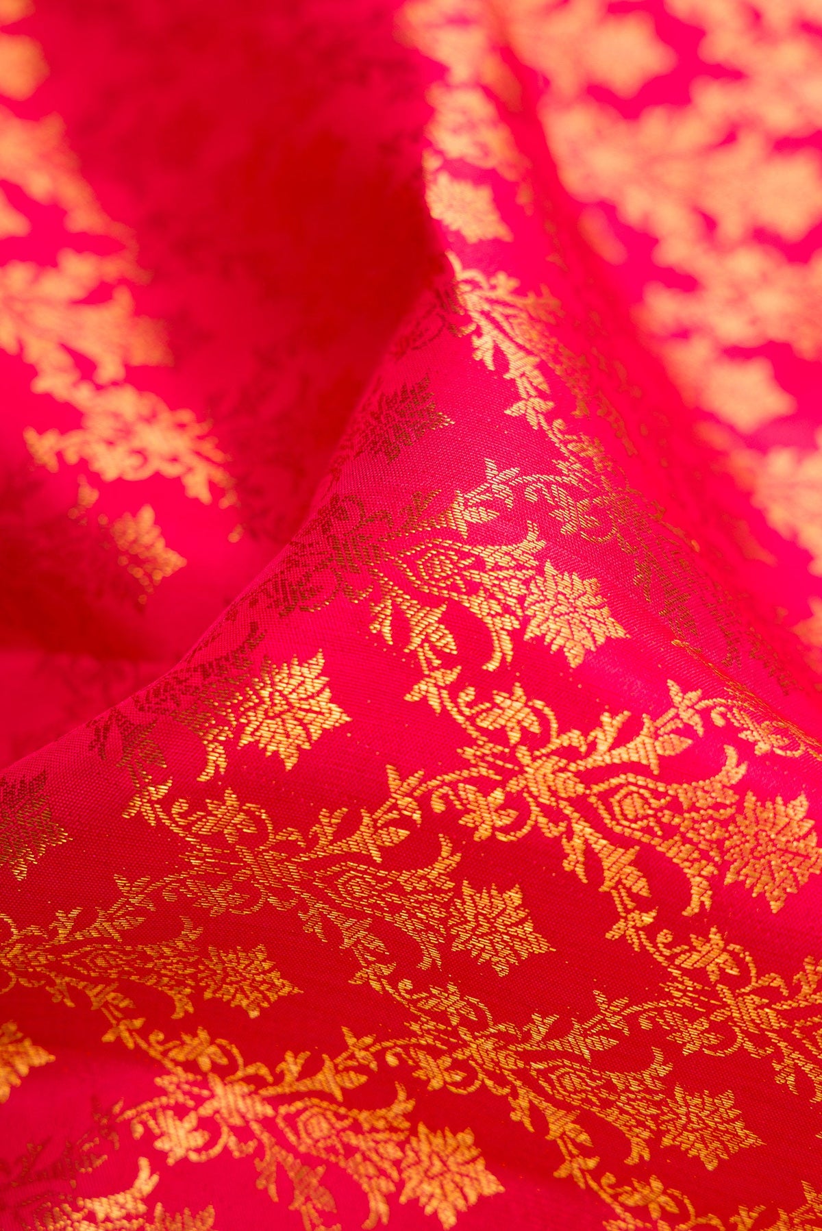 Close up of Red Dual Tone Kanchipuram Silk Saree with Zari Brocade on the body and Zari Border.  displaying folds