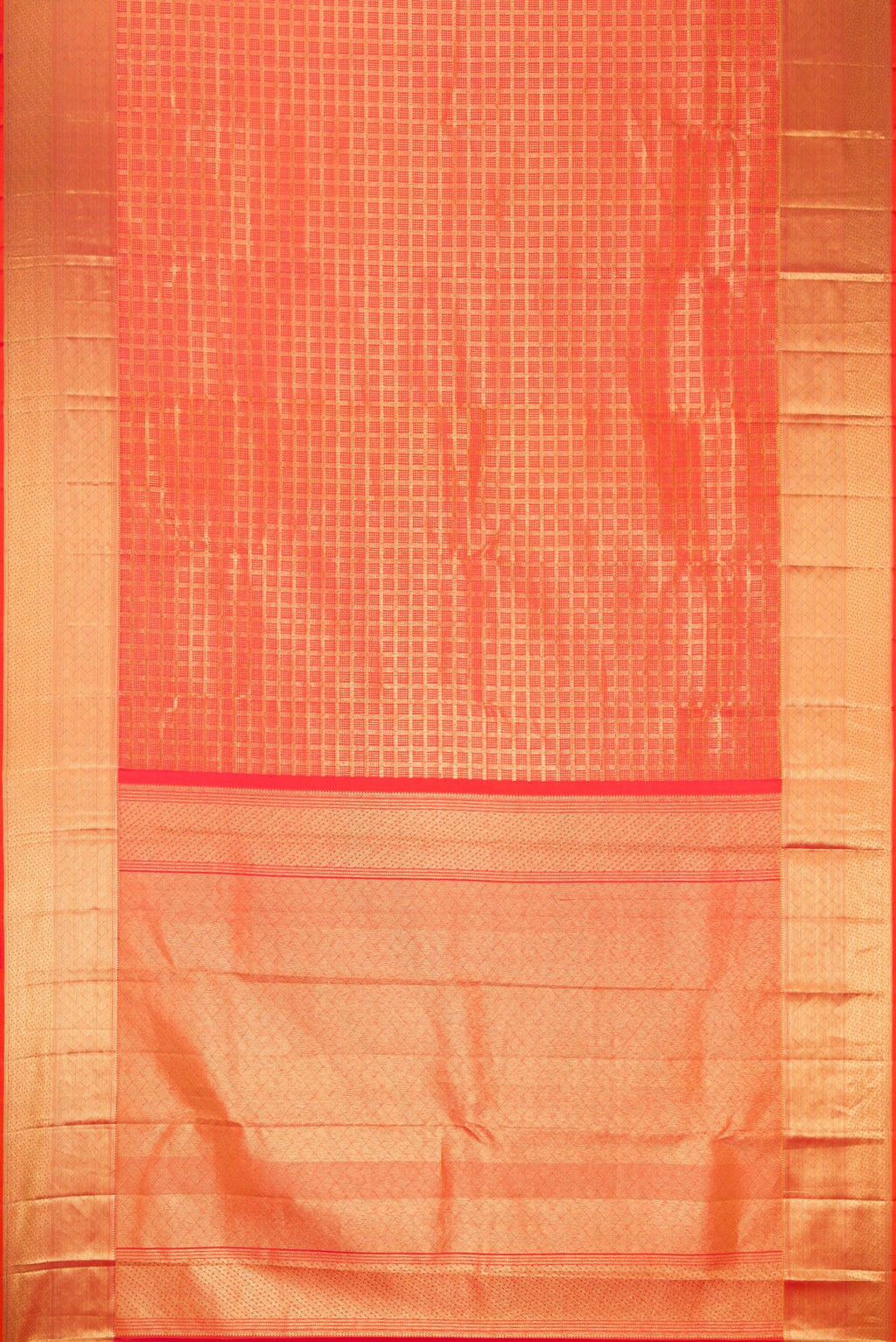 Flat view of Orange Dual Tone Kanchipuram Silk Saree with Checked design on the body and Zari Border. 