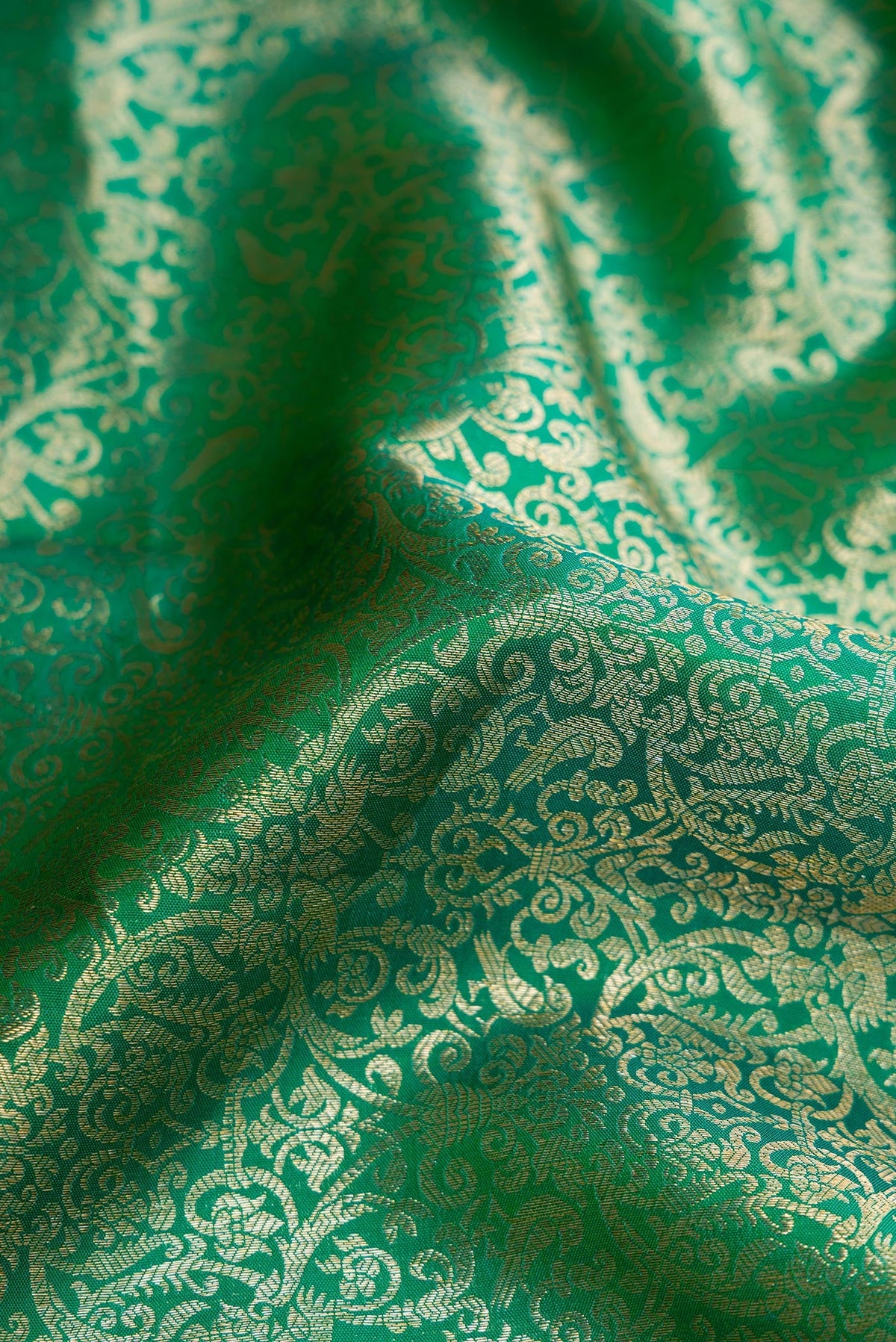Close up of Sea Green Dual Tone Kanchipuram Silk Saree with Zari Brocade on the body and Zari Border.  displaying folds