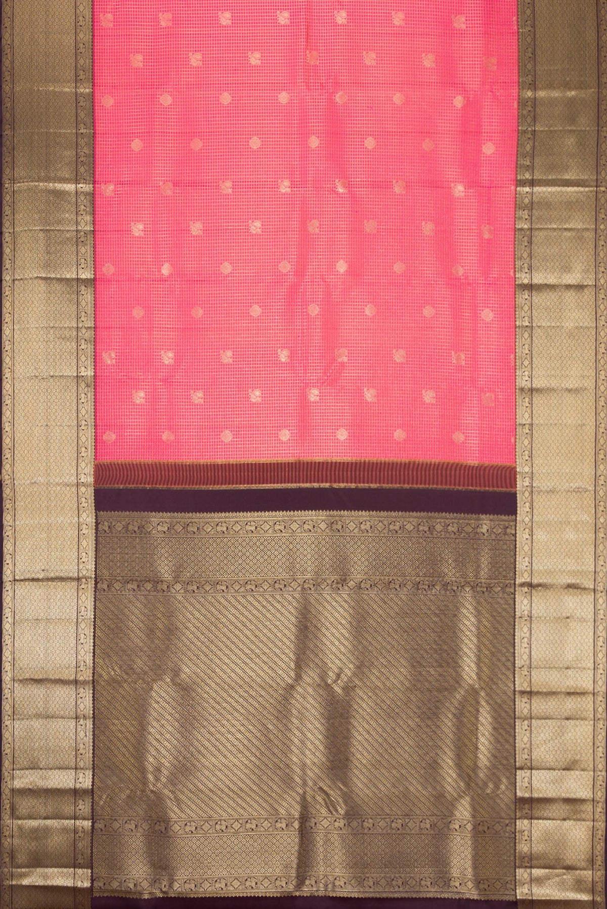 Flat view of Pink Dual Tone Kanchipuram Silk Saree with Checked design on the body and Zari Border. 