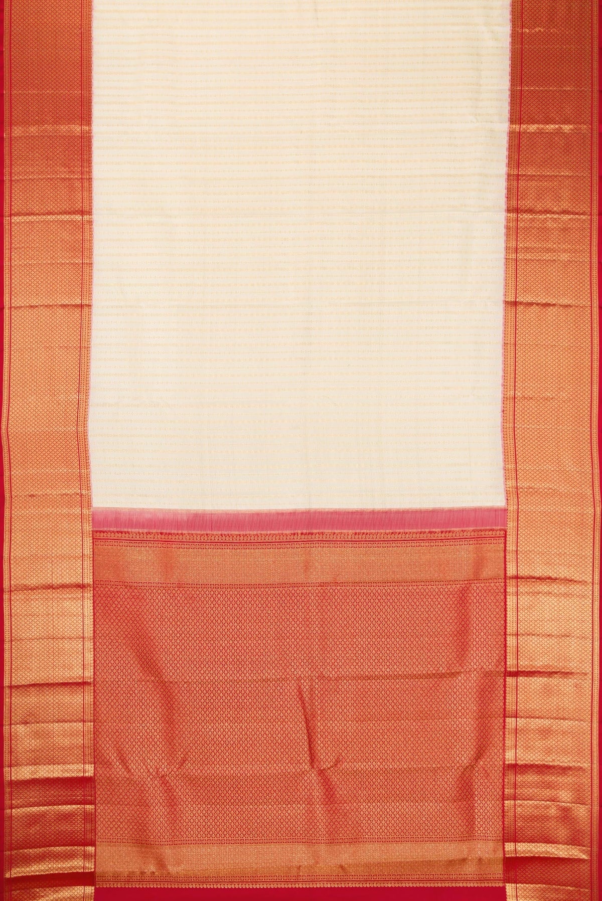 Flat view of Off White Dual Tone Kanchipuram Silk Saree with Zari Brocade on the body and Zari Border. 
