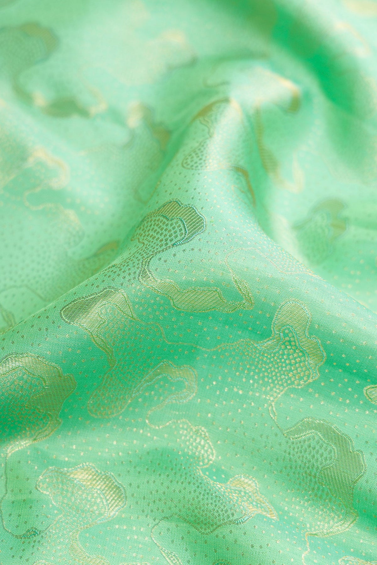 Close up of Sea Green Dual Tone Kanchipuram Silk Saree with Zari Brocade on the body and Zari Border.  displaying folds