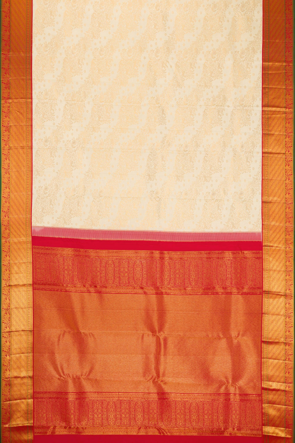Flat view of Off White Dual Tone Kanjivaram Silk Saree with Zari Brocade on the body and Zari Border. 