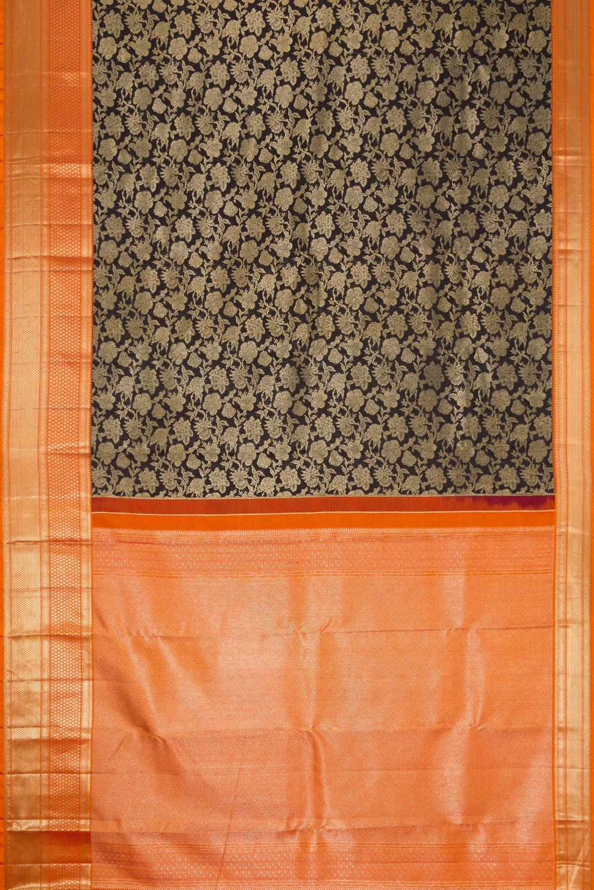 Flat view of Black Dual Tone Kanjivaram Silk Saree with Zari Brocade on the body and Zari Border. 