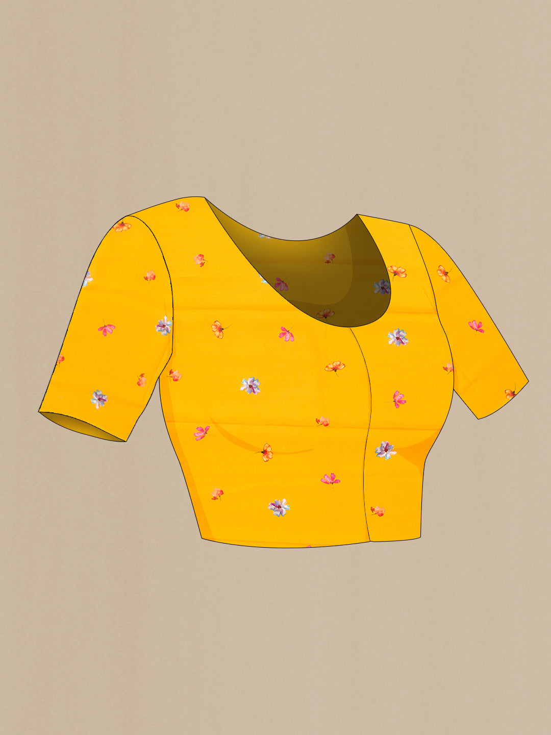 Close up image of the blouse of Mustard Dual Tone Mysore Crepe Saree with Printed design on the body and Plain Border. 