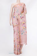 Pink Tussar Silk Saree with Floral Print on the body and Zari Border.  displayed on a mannequin