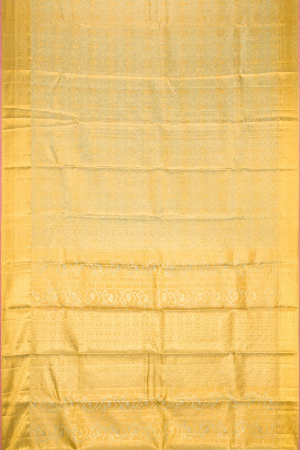 Flat view of Pista Green Dual Tone Kanchipuram Tissue Silk Saree with Zari Brocade on the body and Zari Border. 
