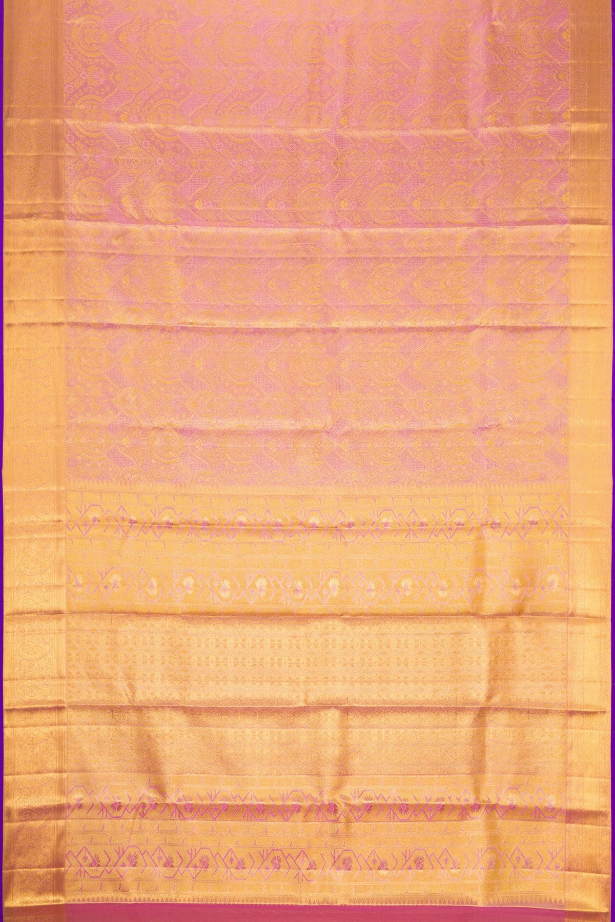 Flat view of Pink Dual Tone Kanchipuram Tissue Silk Saree with Zari Brocade on the body and Zari Border. 