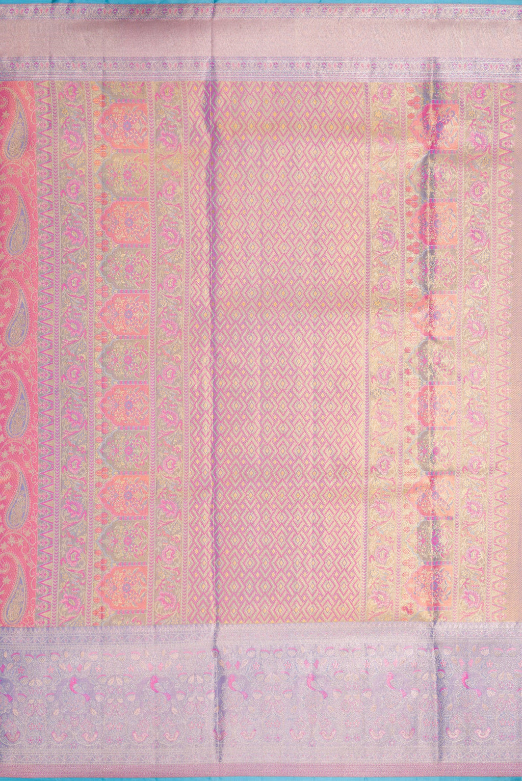Close up image of the pallu of Pink Dual Tone Kanjivaram Tissue Silk Saree with Zari Brocade on the body and Zari Border. 