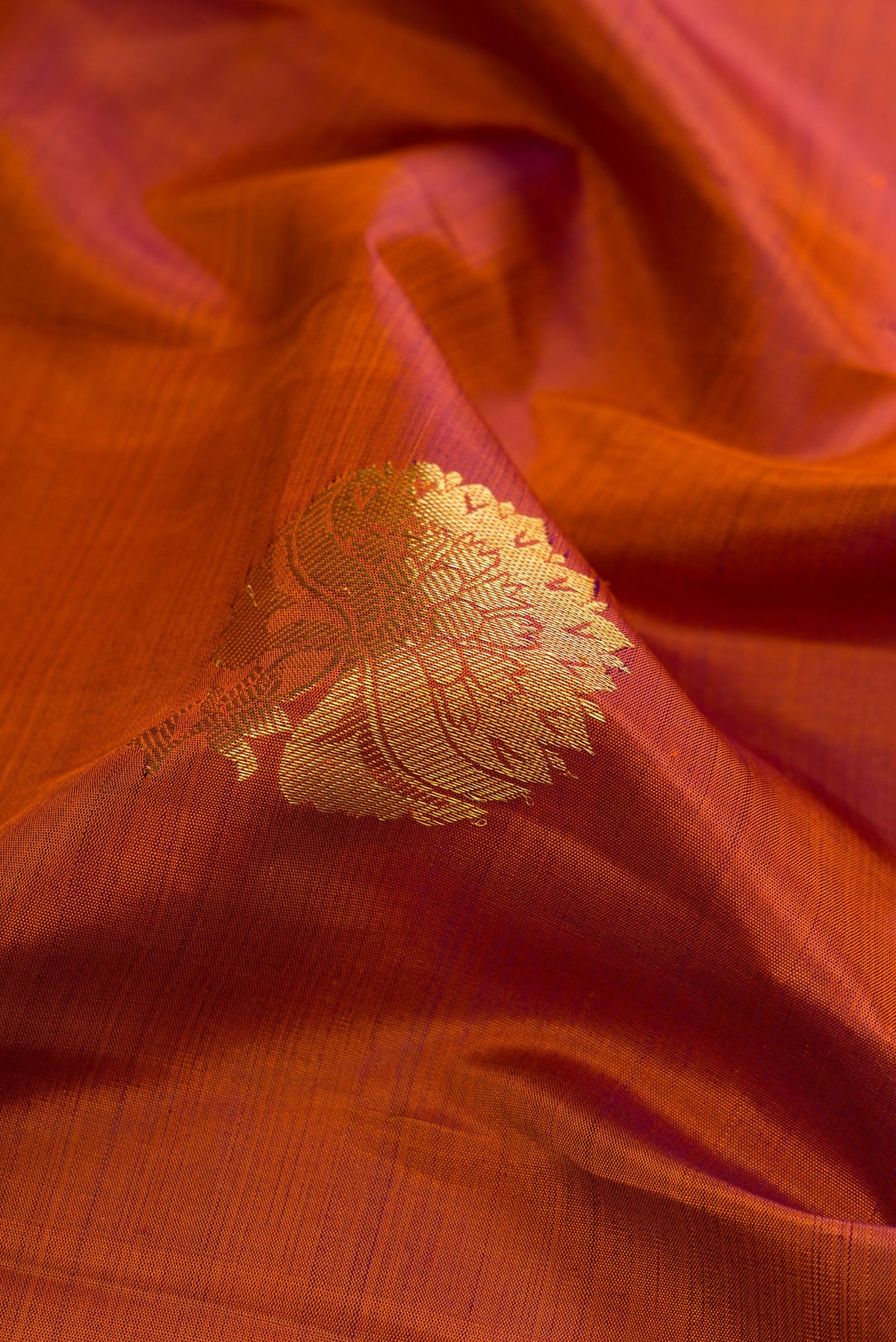 Close up of Brown Dual Tone Kanjivaram Silk Saree with Zari Butta on the body and Zari Border.  displaying folds