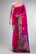 Dark Pink Dual Tone Kanjivaram Silk Saree with Zari Butta on the body and Zari Border.  displayed on a mannequin