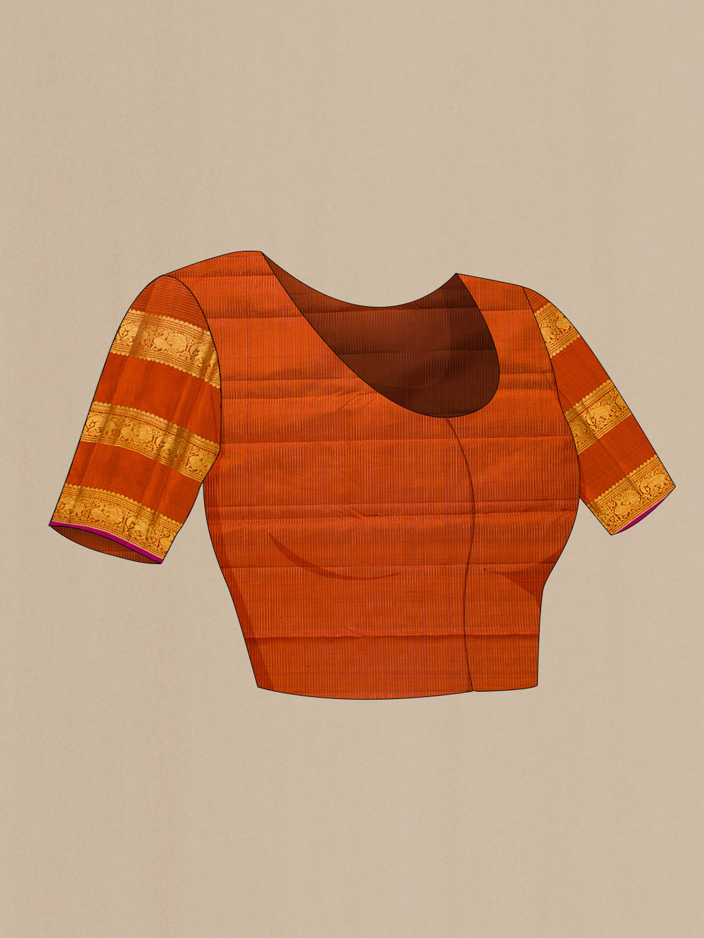 Close up image of the blouse of Maroon Kanjivaram Silk Saree with Zari Butta on the body and Zari Border. 