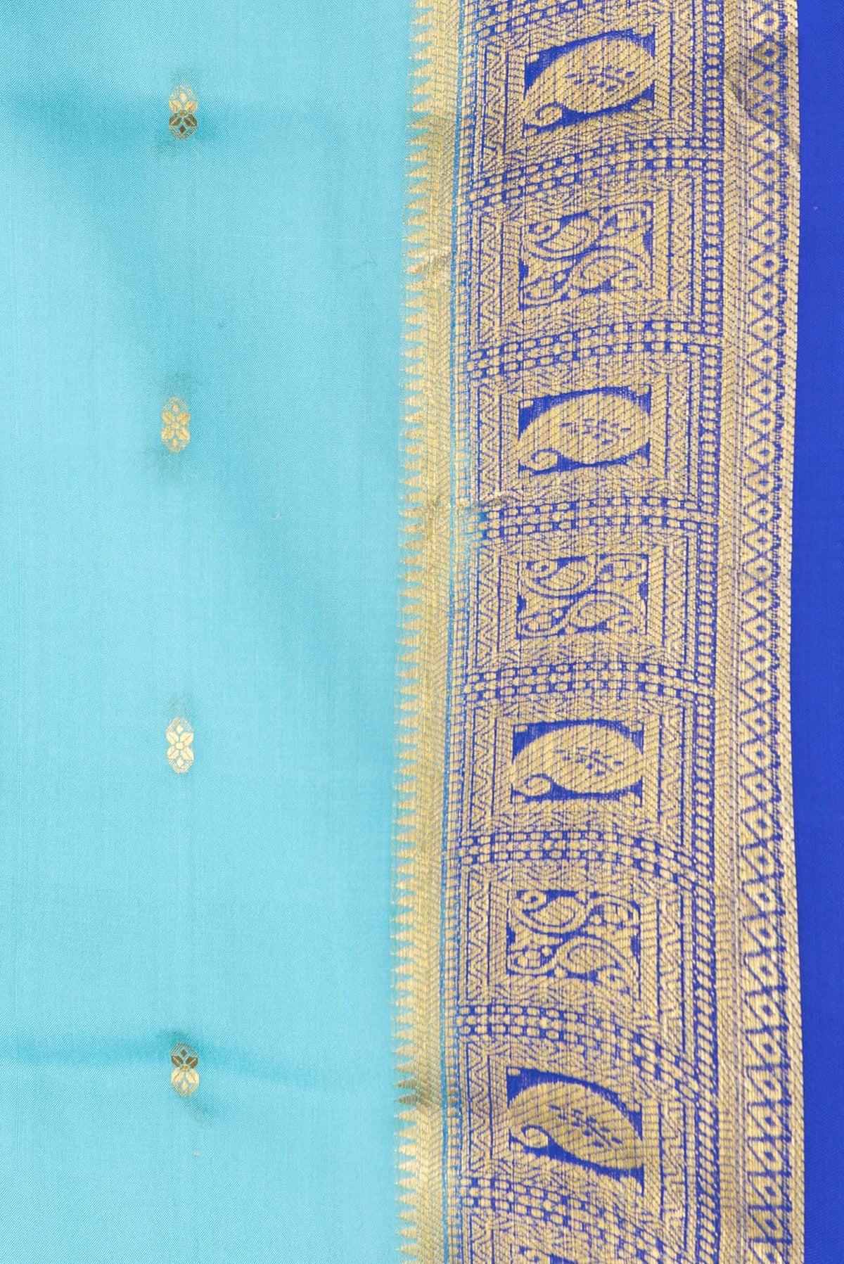 Border image of Sky Blue Dual Tone Mysore Silk Saree with Zari Butta on the body and Zari Border. 