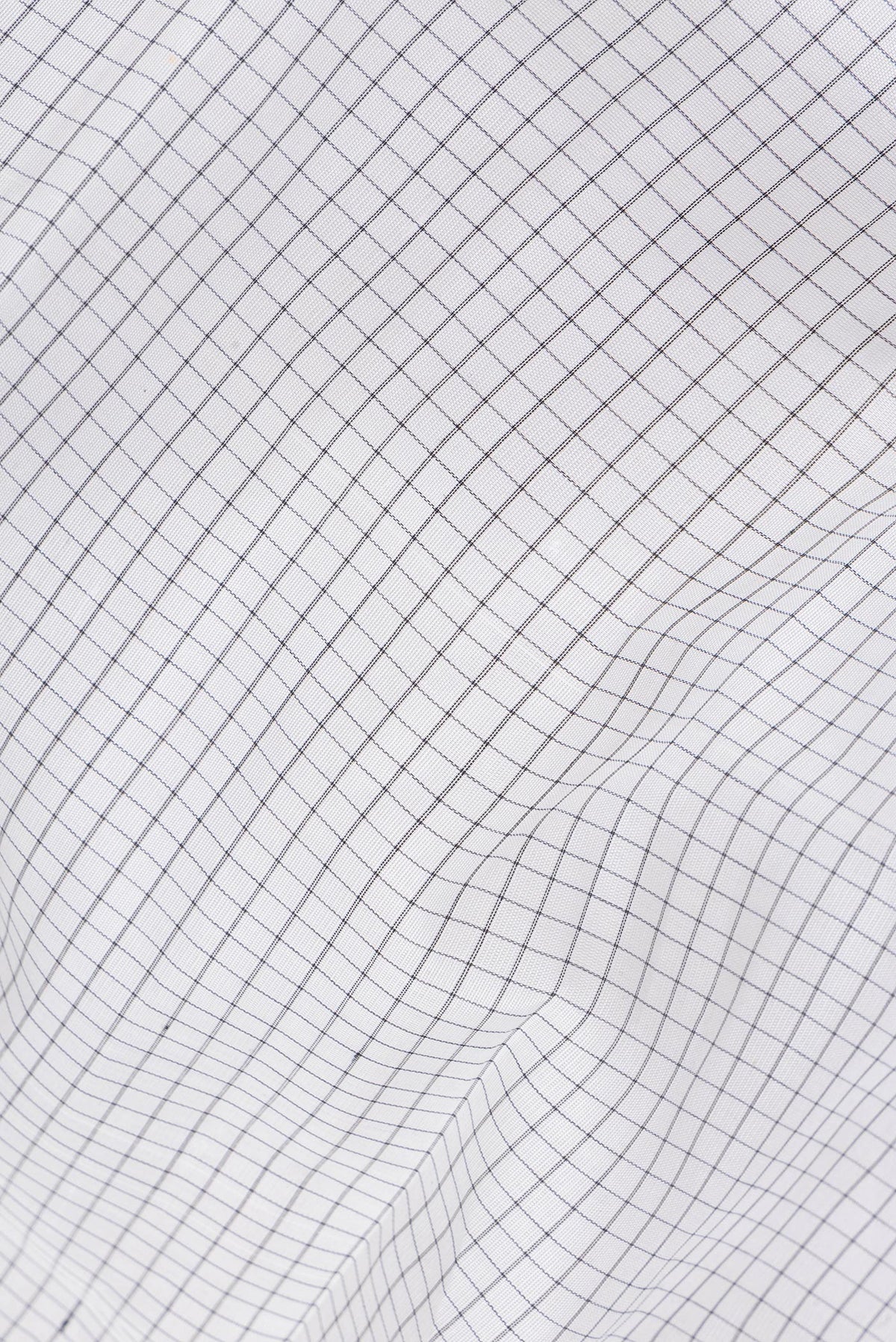 Close up of White Kanchi Cotton Saree with Checked design on the body and Temple Border.  displaying folds