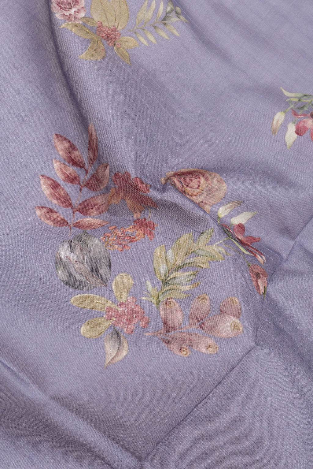 Close up of Grey Dual Tone Chanderi Silk Cotton Saree with Printed design on the body and Zari Border.  displaying folds