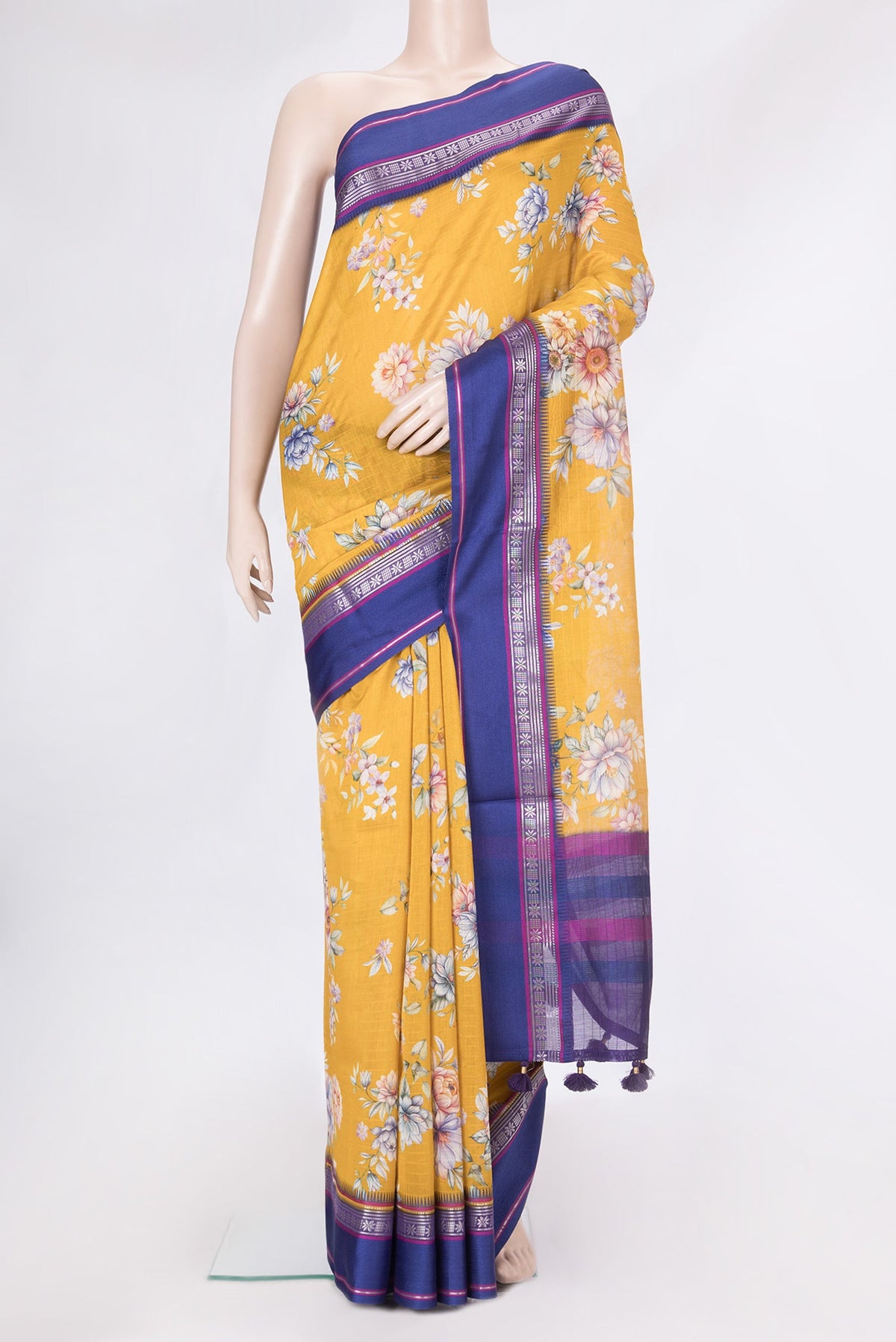 Mustard Dual Tone Chanderi Silk Saree with Printed design on the body and Zari And Thread Border.  displayed on a mannequin