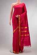 Maroon Dual Tone Kanchipuram Silk Nine Yards Saree with Checked design on the body and Zari Border.  displayed on a mannequin