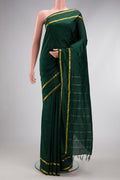 Bottle Green Kanchipuram Silk Nine Yards Saree with Plain Body and Zari Border.  displayed on a mannequin