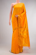 Yellow Dual Tone Kanjivaram Silk Nine Yards Saree with Plain Body and Zari Border.  displayed on a mannequin
