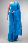 Sky Blue Dual Tone Kanjivaram Silk Nine Yards Saree with Plain Body and Zari Border.  displayed on a mannequin