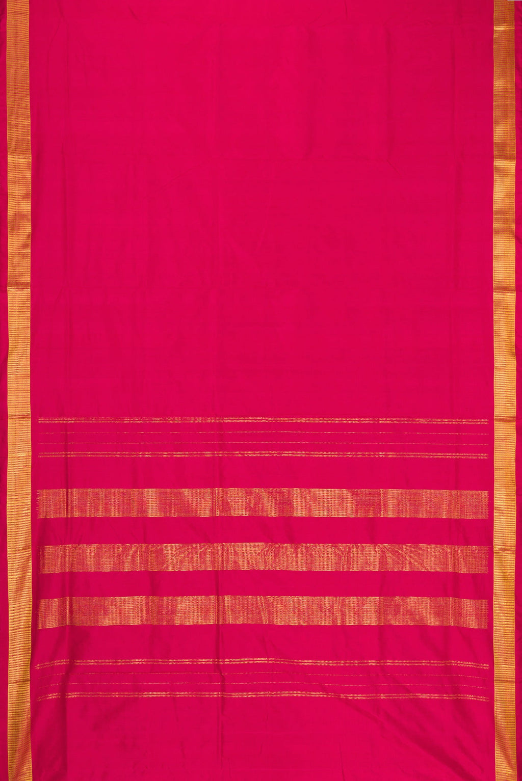 Flat view of Maroon Kanchipuram Silk Nine Yards Saree with Plain Body and Zari Border. 