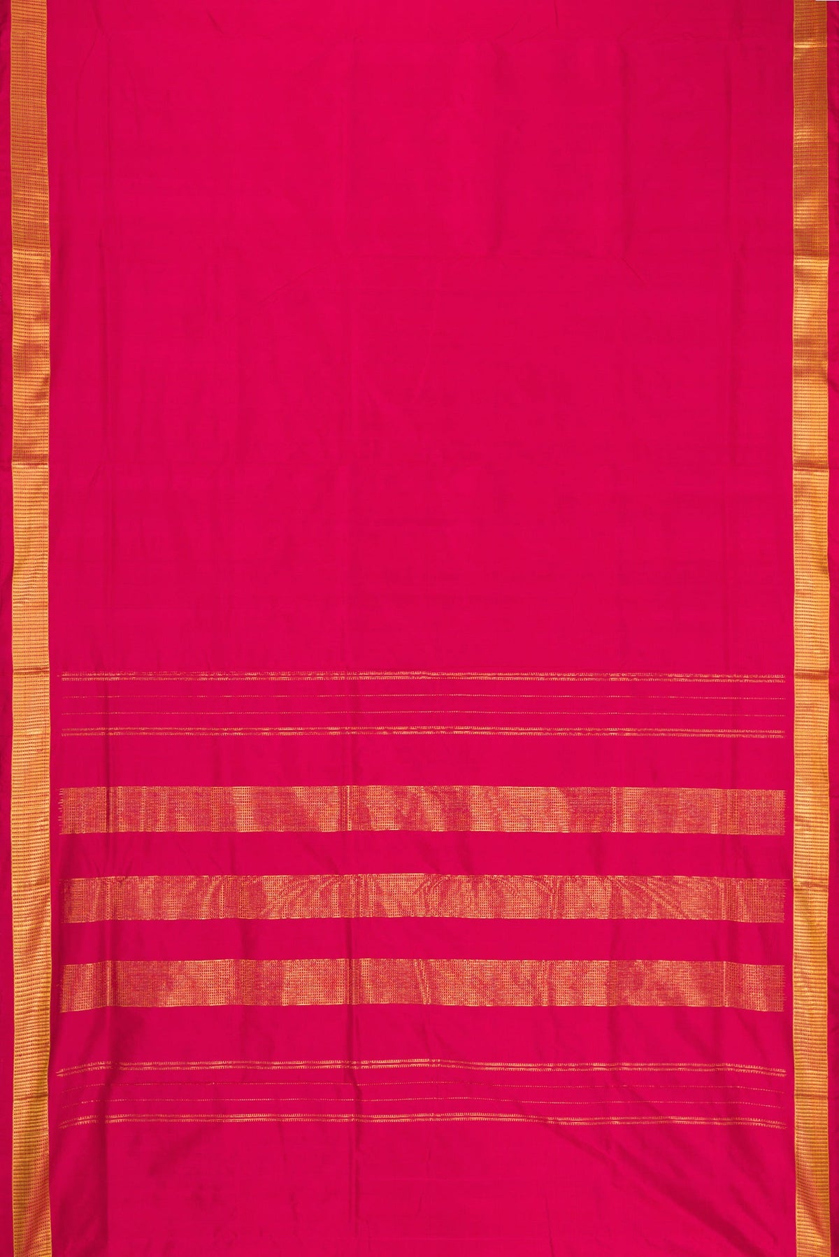 Flat view of Maroon Kanchipuram Silk Nine Yards Saree with Plain Body and Zari Border. 