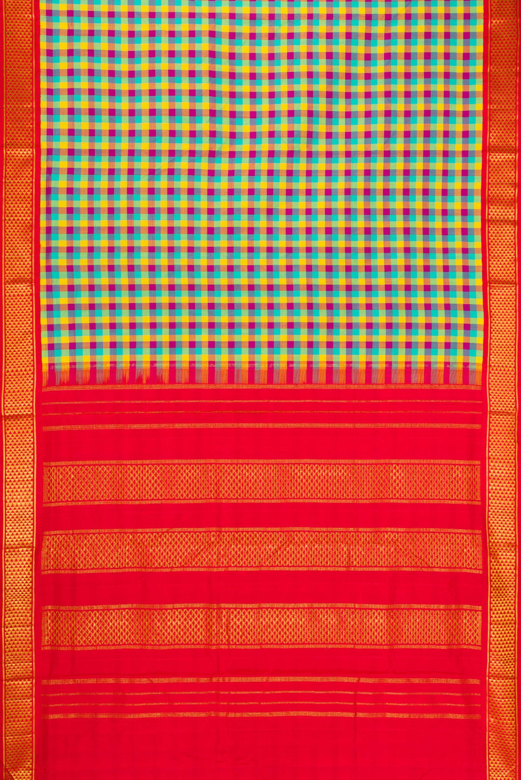 Flat view of Pure Silk Pure Zari Sea Green , Yellow and Dark PInk Color Kanchipuram Nine Yards Saree with Checked design on the body and Zari Border. 