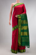 Pure Silk Pure Zari Maroon Dual Tone Kanchipuram Nine Yards Saree with Plain Body and Zari Border.  displayed on a mannequin