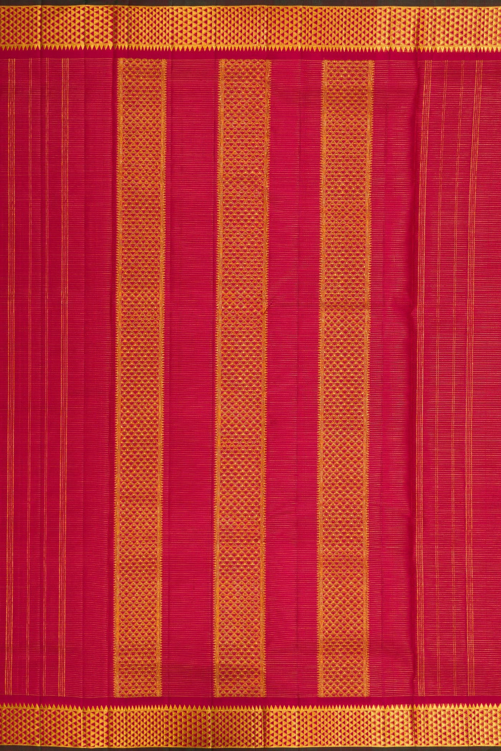 Close up image of the pallu of Pure Silk Pure Zari Maroon Dual Tone Kanchipuram Nine Yards Saree with Stripes on the body and Zari Border. 