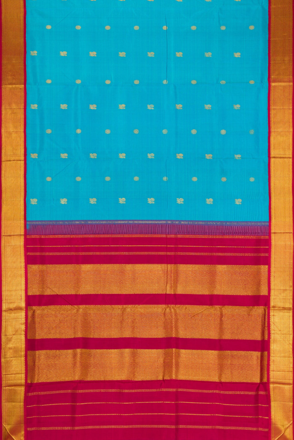 Flat view of Pure Silk Pure Zari Sky Blue Dual Tone Kanchipuram Nine Yards Saree with Zari Butta on the body and Zari Border. 