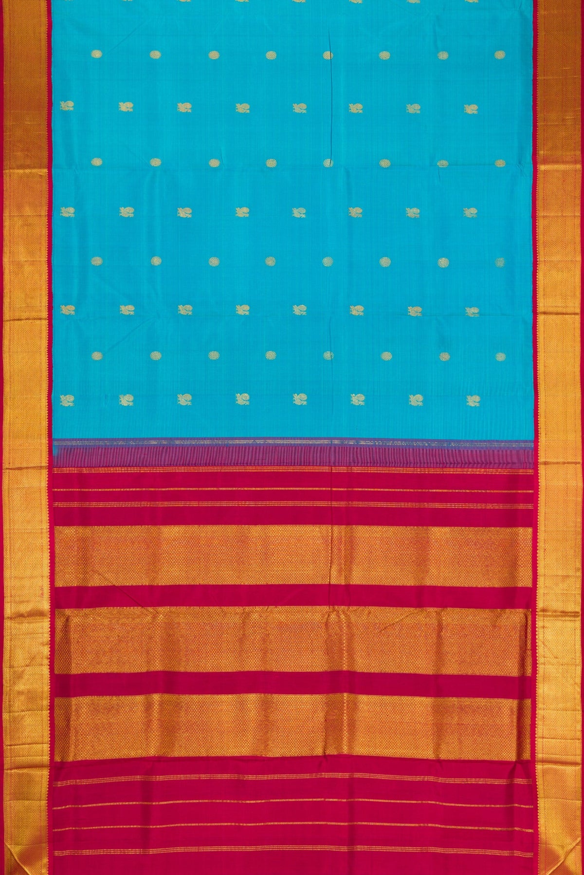 Flat view of Pure Silk Pure Zari Sky Blue Dual Tone Kanchipuram Nine Yards Saree with Zari Butta on the body and Zari Border. 