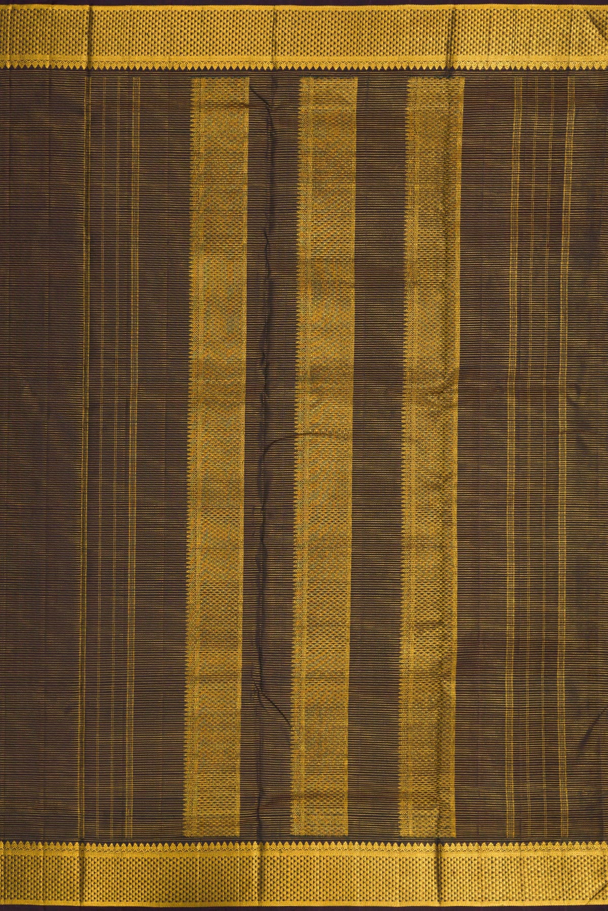Close up image of the pallu of Black Dual Tone Kanjivaram Silk Nine Yards Saree with Stripes on the body and Zari Border. 