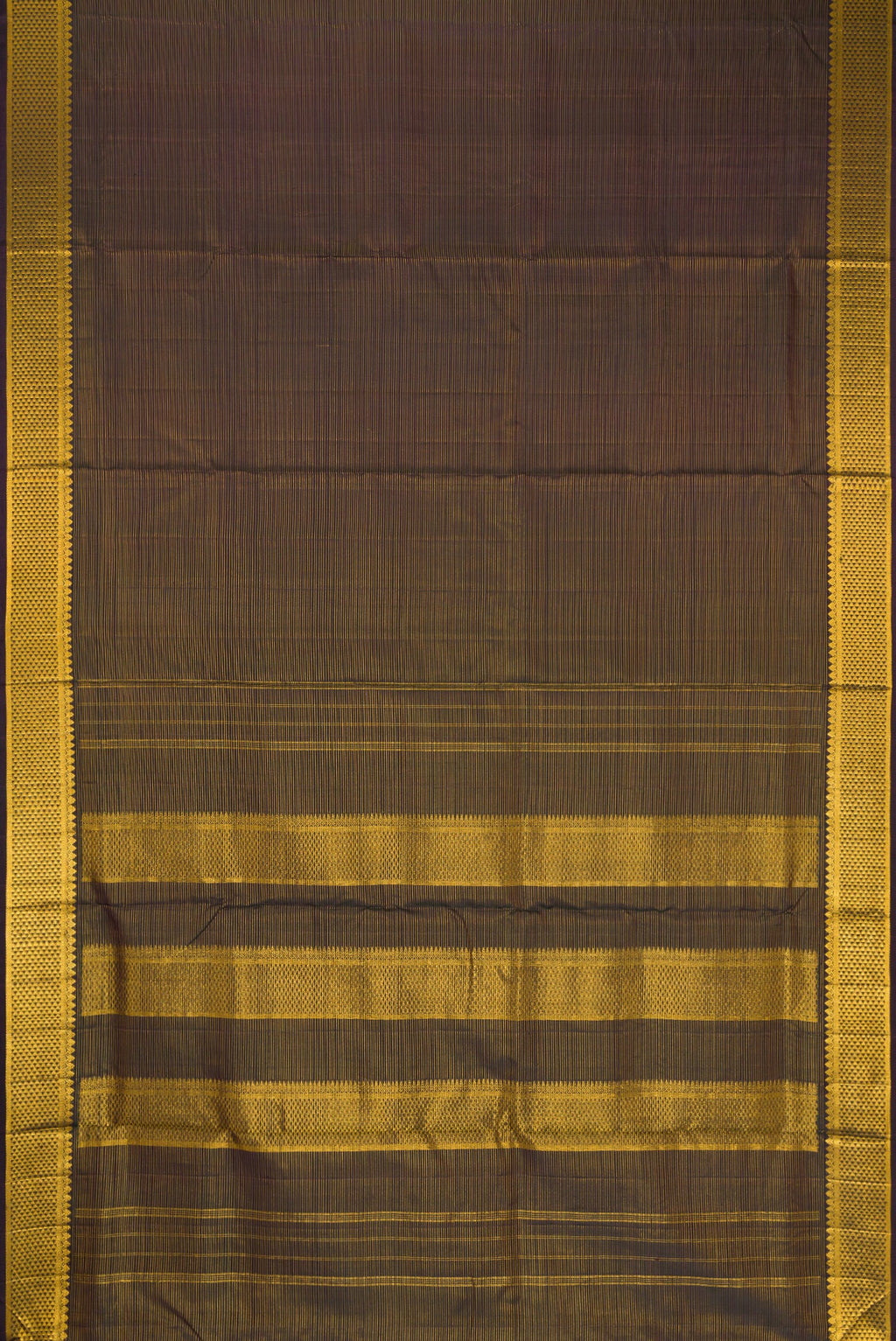 Flat view of Black Dual Tone Kanjivaram Silk Nine Yards Saree with Stripes on the body and Zari Border. 